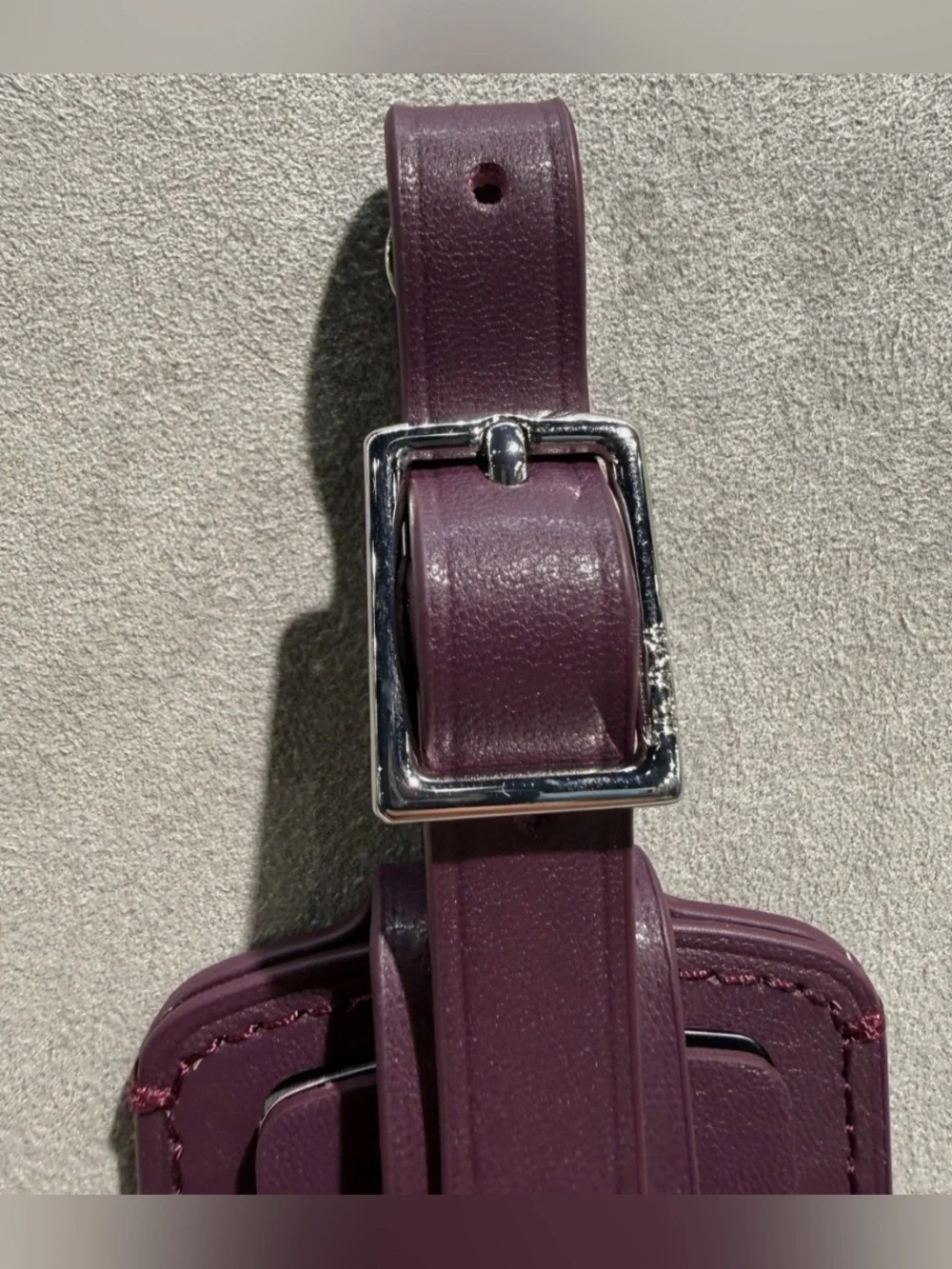 NEW Tumi 3.625” x 2.25” Leather Luggage Name Tag w/ Buckle - PURPLE
